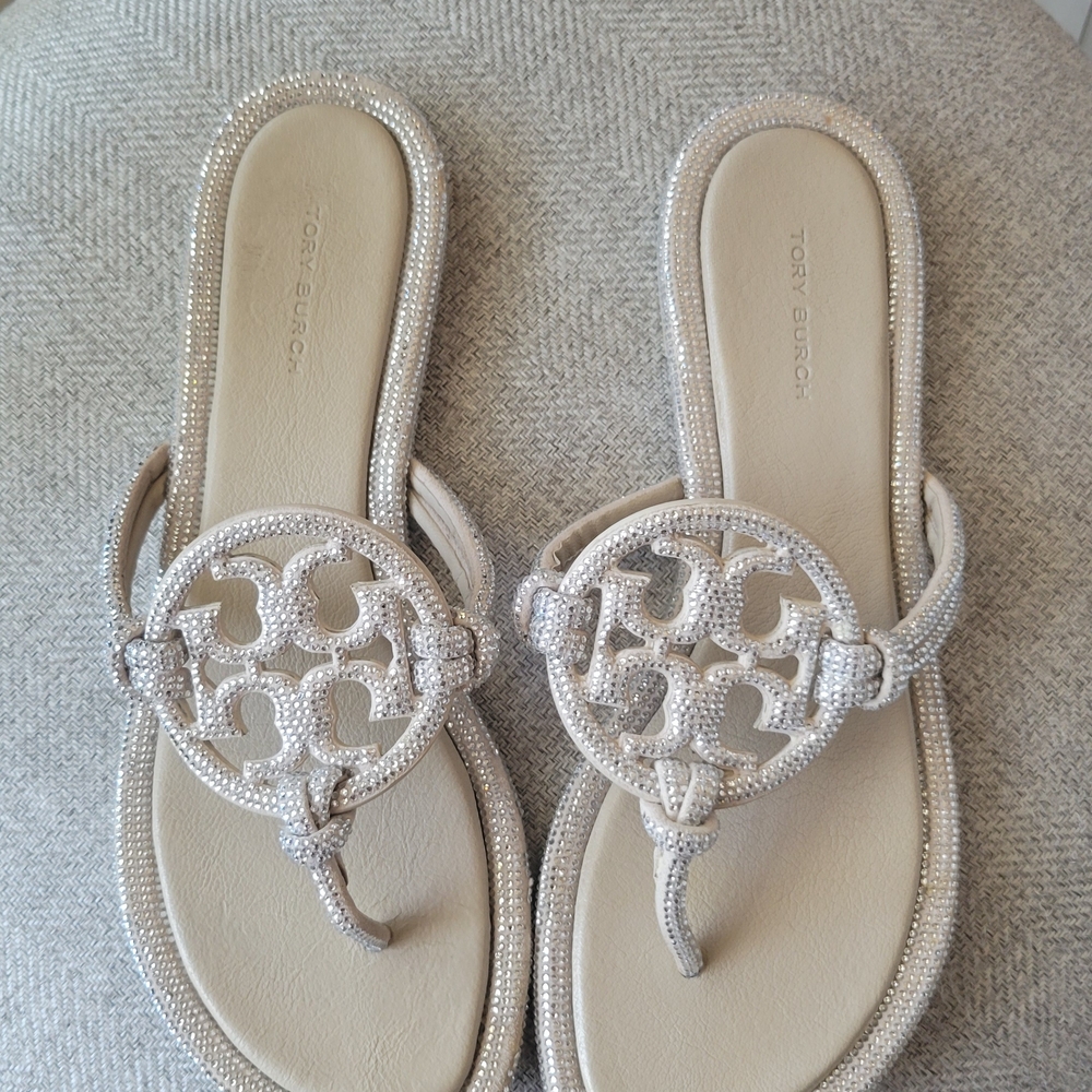 Tory Burch Miller Pave Knotted Silver Sandals with Iconic Medallion